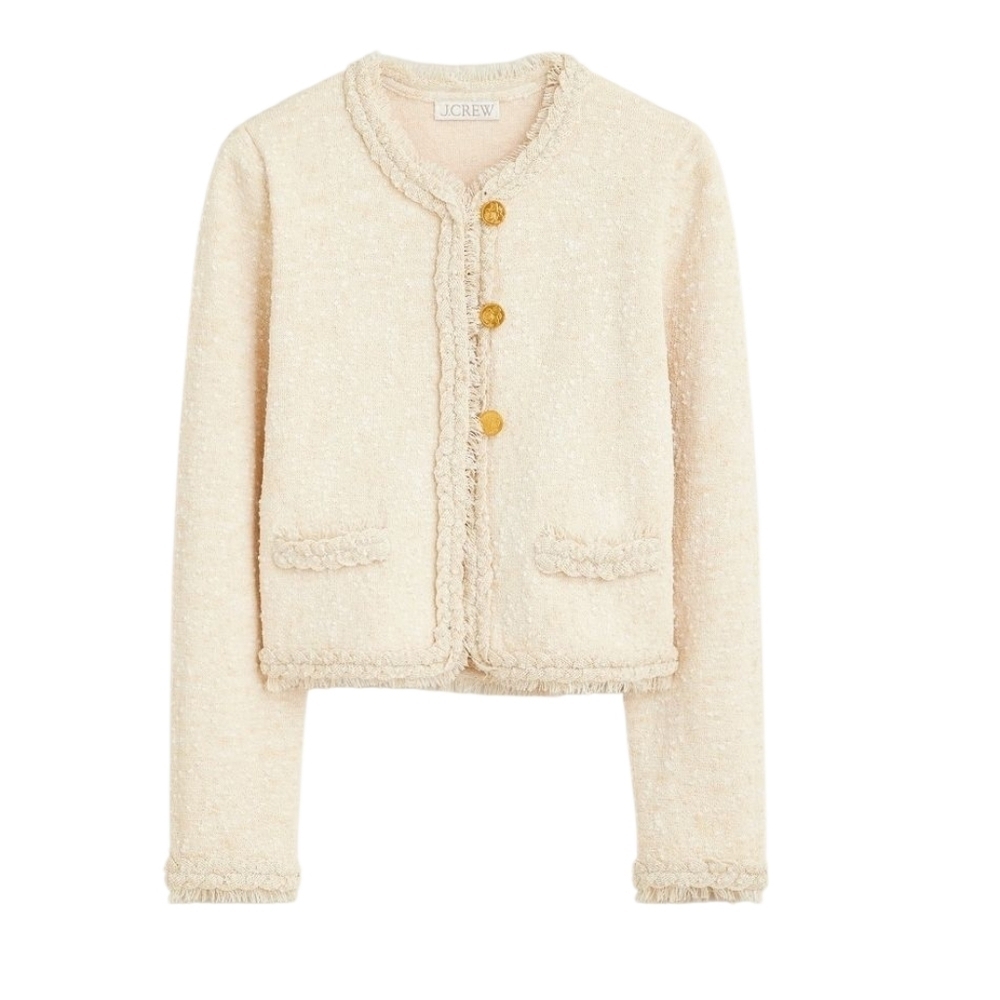 J. Crew Marled fringe-trim sweater lady jacket cream Preppy Neutral Quiet Luxury